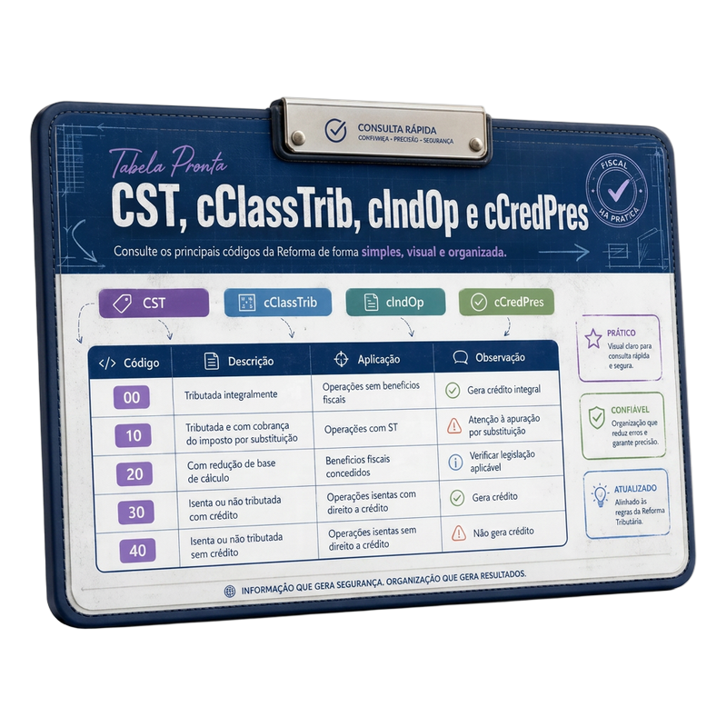 Tabela pronta de CST, cClassTrib, cIndOp e cCredPres